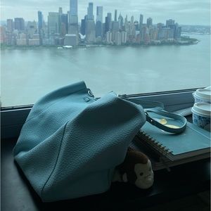 Light blue genuine leather tote